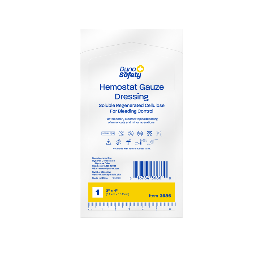 A white packet labeled "Dynarex Hemostat Gauze Dressing" for bleeding control, with blue text/icons. The 2 x 4 package shows item #3688 in a yellow box at the bottom.
